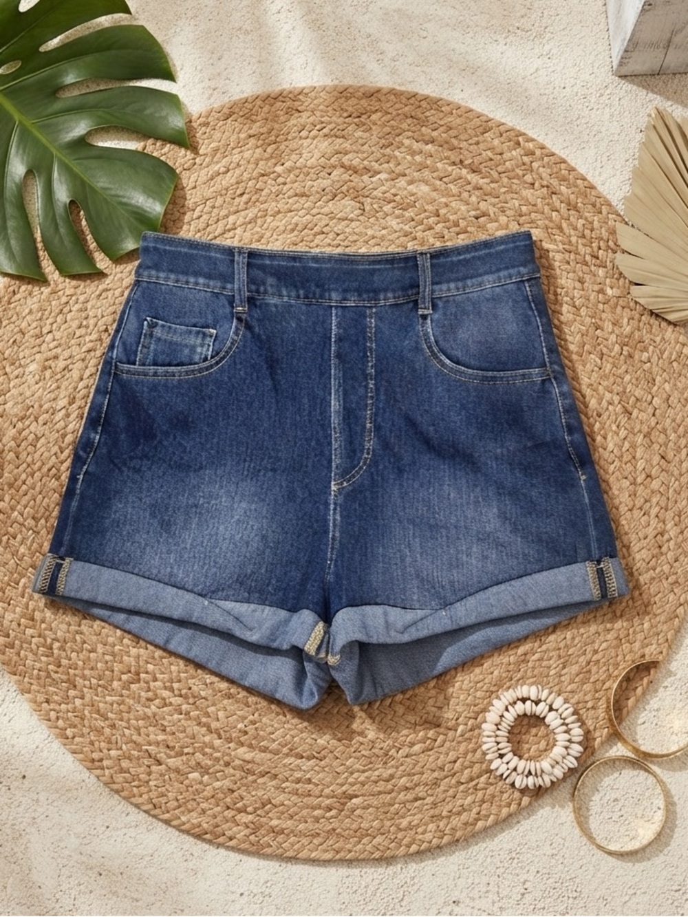 HALARA Flex High Waisted Rolled Hem Denim Look Shorts | Medium Wash